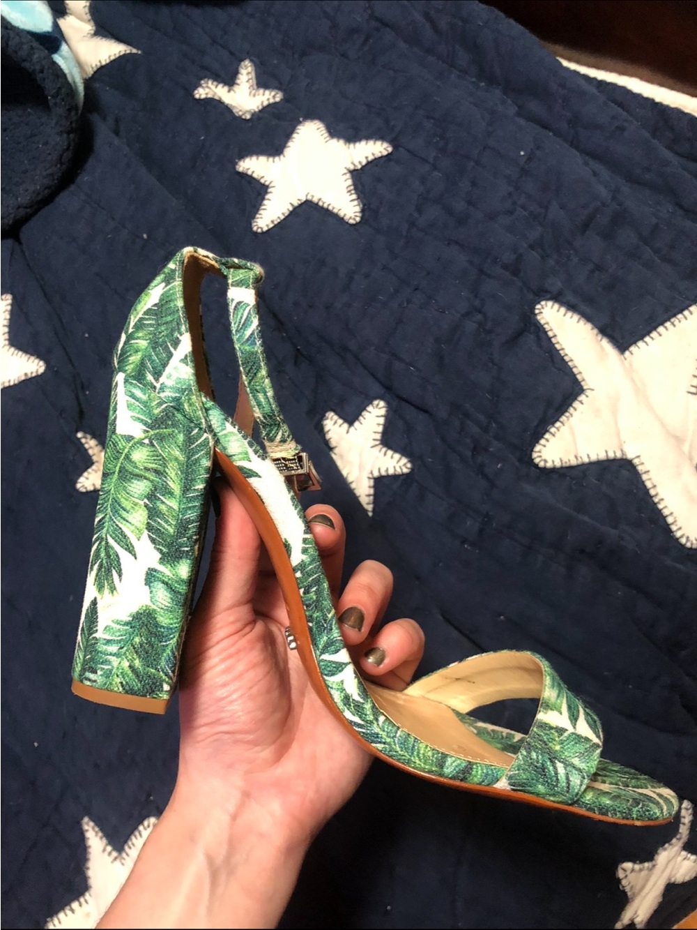 Schutz Palm Leaf Block Heel Slingback Sandals